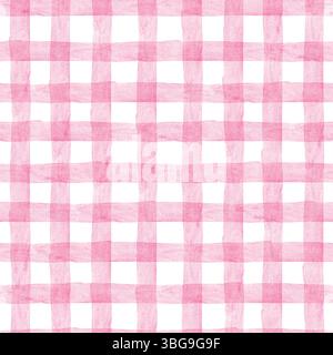 Nahtloses Muster in pastellrosa Gingham-Aquarellen. Karierter, handgezeichneter Hintergrund Stockfoto