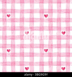 Nahtloses Muster in Pastellrosa und roten Herzen in Gingham-Aquarellen. Karierter handgezeichneter Hintergrund für den Valentinstag Stockfoto