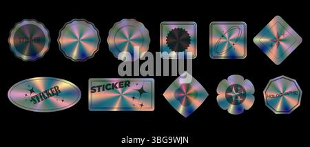 Holografische Aufkleber mit verschiedenen Formen Set, Hologramme geometrische Formen Aufkleber Etiketten für Design, Vektor-Illustration Stock Vektor