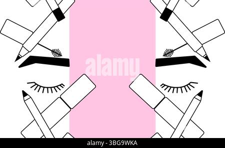 Augen-Make-up-Mascara Werkzeuge nahtlose Rahmenschablone mit vertikalem Rand. Vektorgrafik-Strichdarstellung. Kosmetik-Make-up-Kunst in Schwarz und weiß. Banner, poste Stock Vektor