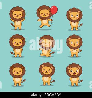 Niedlicher Löwencharakter mit Mähne in verschiedenen Aktivitäten Vektor-Set engagiert Stock Vektor