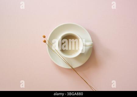Weiße Tasse Kaffee mit trockener Blume auf rosafarbenem Hintergrund. Draufsicht Stockfoto