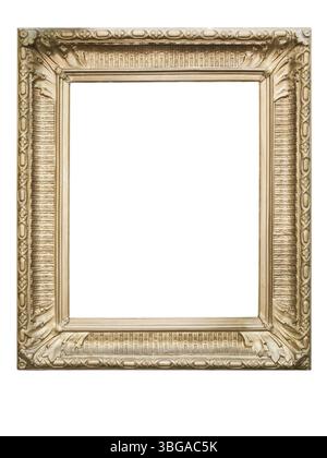 Vergoldeter Bilderrahmen mit ausgeschnittenen Ornamenten auf weißem Hintergrund Stockfoto
