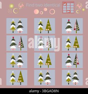 Im Puzzlespiel für Kinder unter 7 Jahren finden Weihnachtsbäume 2 identische Bilder. Stock Vektor