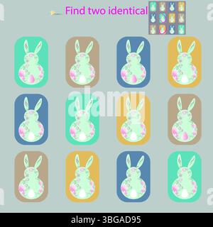 Im lustigen Hasen auf dem Gras Puzzle für Kinder bis 6 Jahre finden Sie 2 identische Bilder Stock Vektor