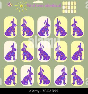 Im lustigen Hasen auf dem Gras Puzzle für Kinder bis 6 Jahre finden Sie 2 identische Bilder Stock Vektor