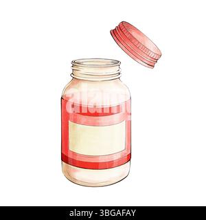Leere transparente Flasche mit offenem Schraubverschluss und rosafarbenem Etikett für Leckerlis, Vitamine, Nahrungsergänzungsmittel. Aquarell, isoliert auf weißem Hintergrund Stockfoto