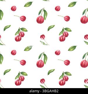 Acerola-Beeren und Kirschen auf Zweig mit grünen Blättern nahtloses Muster des Aquarells isoliert auf weißem Hintergrund. Illustration exotischer tropischer Früchte Stockfoto