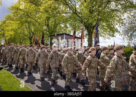 Der ANZAK Day 2024 wurde am 28. April in Soldier's Corner auf dem Warrington Cemetery gefeiert Stockfoto