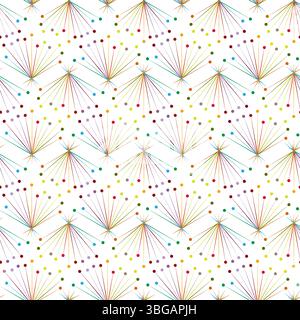 Lebendiges, ganzjähriges, nahtloses Vektormuster mit verspielten mehrfarbigen Starburst-Designs auf einem sauberen weißen Hintergrund. Dieses fröhliche Patte Stock Vektor