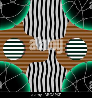 Modernes abstraktes nahtloses Vektormuster mit leuchtenden smaragdgrünen Zellformen mit weißen Umrissen auf schwarzem Hintergrund, gepaart mit braunem h Stock Vektor