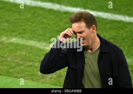 München, Deutschland. Juni 2025. Fußball: Nations League A, Deutschland - Portugal, Play-off-Runde, Halbfinale, Football Arena München, Julian Nagelsmann, Trainer von Deutschland, reagiert. Quelle: Peter Kneffel/dpa/Alamy Live News Stockfoto