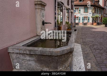 Historischer Steinbrunnen in der Freiburger Altstadt Stockfoto