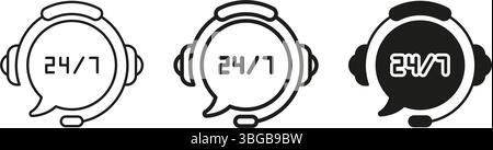 24 7 Headset-Symbolsatz Für Kundensupport. Umriss Und Silhouette Symbol Kollektion Für Service Und Unterstützung Rund Um Die Uhr. Call Center Und Helpdesk Stock Vektor