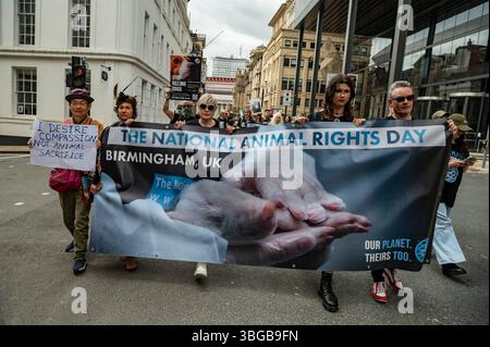 NARD - National Animal Rights Day - Birmingham Victoria Square, 1. Juni 2025. Aktivisten vor dem Stadthaus marschieren durch das Stadtzentrum. Stockfoto