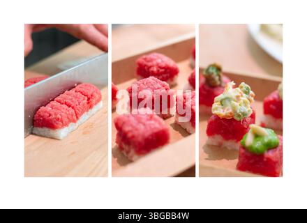 Sushi-Fleischzubereitungscollage. Bio-Fleisch-Sushi. Fleisch-Sushi-Rezept. Schritt-für-Schritt-Vorbereitung. Gemischtes Tablett Ihrer Wahl. Stockfoto