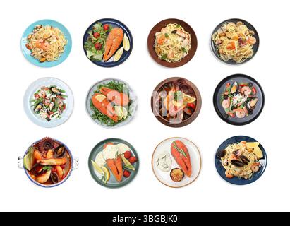 Leckere Gerichte mit Meeresfrüchten isoliert auf weiß, Set. Draufsicht Stockfoto
