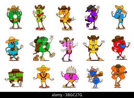Cartoon groovige Mathe Nummer Cowboy und Banditen Charaktere, Retro Western und Mathematik Bildung Vektor-Persönlichkeiten. Psychedelic-groovige Nummer Wild West Cowboy, Sheriff, alter amerikanischer Bandit und indianer Stock Vektor