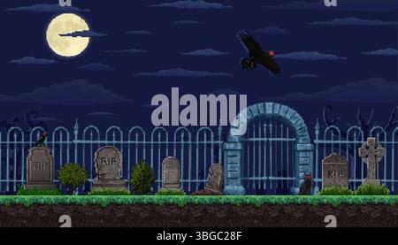8-Bit-Pixel-Kunst Halloween Friedhof Landschaft zeigt unheimlichen Friedhof in der Nacht mit Grabsteinen, Eisenzaun und glühendem Mond. Vintage-Spieleszene mit gotischer Nebelatmosphäre mit toten Bäumen, Katze und Krähe Stock Vektor