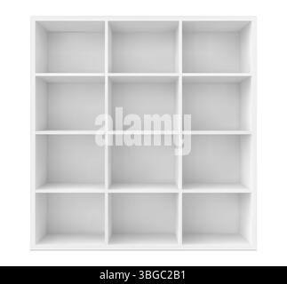 Leeres quadratisches weißes Bücherregal oder Bücherregal an der Wand, realistisches Vektormodell. Leere Regalboxen für Büromöbel oder Bücherregale und Küchenregale Stock Vektor