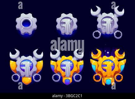 Ingenieur-Spiel-Ranglisten, Level-Medaillen-Vektorsymbole, UI-Set. Goldene, silberne und bronzene Gears-Spielabzeichen. Level-Progress-Medaille, Auszeichnung oder Siegertrophäe mit Schraubenschlüsseln oder Schraubenschlüsseln Stock Vektor
