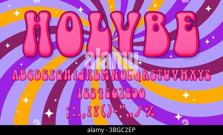 70er Jahre Groove Schriftart, grooviger Typ, Hippie Schriftart, 60er Jahre Retro funky Alphabet auf psychedelischen Farbe Swirl Vektor Hintergrund. Vintage Groove englischer Alphabet mit fetten roten Buchstaben und Zahlen mit Sternen Stock Vektor