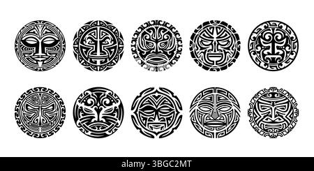 Maori-Stammes-Tätowierkreise mit geometrischem Muster. Polynesische, maori-, azteken- oder maya-runde Tattoos mit ethnischen Ornamenten aus Sonnen-, Mond- und Monstergesichtern, abstrakten geometrischen Formen und Wirbeln Stock Vektor