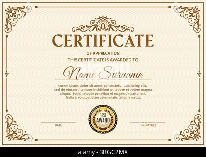 Diplom-Zertifikat mit Vintage-Gold-Rahmen und guillochiertem Hintergrund. Vector klassische, elegante Dokumentenschablone mit goldverzierten Blüten. Formelle Auszeichnung, Leistung, Anerkennung Diplom Stock Vektor