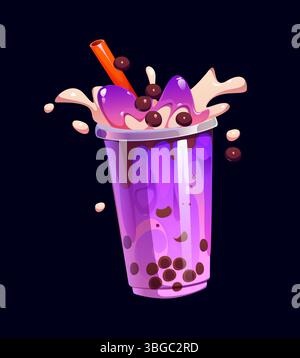 Zeichentrickfilm Milchblase Teeglas. Vector lebendiges lila und rosa Getränk mit Tapioka boba Perlen in einem transparenten Plastikbecher, gekrönt mit orangenem Stroh, und dynamischen Spritzern süßen flüssigen Getränken Stock Vektor