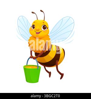 Zeichentrickfigur mit Honigbiene, die mit fröhlichem Gesicht fliegt und einen grünen Eimer mit Honig hält. Vektor lustiges gelbes Insekt verströmt Frühling, hart arbeitende Stimmung und Bestäubungsenergie in Bienenhaus oder Garten Stock Vektor