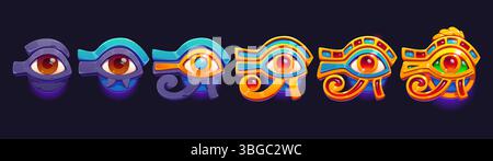 Horus Eye Rating Rangabzeichen, Stufe Fortschritt des Ägypten Spiel. Karikaturvektor ägyptisches Artefakt, mystische Belohnungen oder Leistungssymbole entwickeln sich von grundlegend zu legendär. Symbol für heiliges altes Auge Stock Vektor