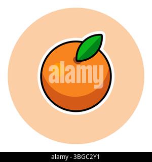 Minimalistische flache Vektor-Illustration der frischen Orangenfrucht mit Blatt – Moderne Zitrussymbol in kreisförmiger Komposition Stock Vektor