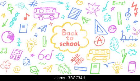Holzkohle-Schule-Kritzeleien auf Tafel-Hintergrund. Lustige handgezeichnete Symbole für Back-to-School-Themen. Niedliche kindliche Bildung bunter Pastellwachsstift Stock Vektor