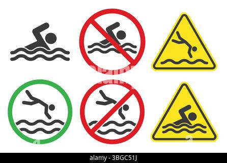 Kein Symbol für Schwimmen. Logoschild für den verbotenen Bereich für Schwimmen. Tauchplatz und kein Springen zum Wasserschild. Symbol für den Schwimmplatz. Vektorabbildung. Stock Vektor