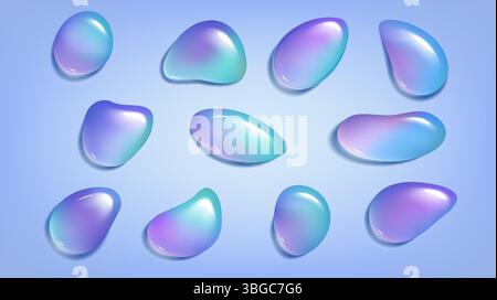 Holografische Tropfenformen in leuchtenden Farbverläufen von Lila bis Blau. Glänzende unregelmäßige ovale von Flüssigkeitsspritzern oder Kieselsteinen. Abstrakte futuristische Designelemente. Irisierender dekorativer Vektor. Stock Vektor