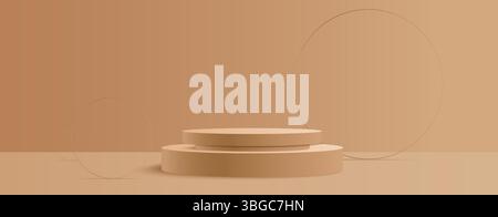 Beige runde Podiumanzeige auf hellbraunem Hintergrund. Minimale leere Plattform für Produktpräsentationen oder -Präsentationen. Abstrakter realistischer 3D-Tisch mit dünnen Ringen. Schwarzweißmotiv in Pastellfarben. Stock Vektor