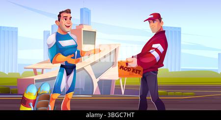 Comic-Superheld-Mann trifft Lieferarbeiter in der modernen Stadt - blauer Helden spricht mit einem Postkurier, der in der Nähe eines futuristischen Gebäudes eine orange Box hält. Urbane Szene mit Champion-Paket. Stock Vektor