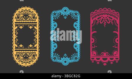 Picado-Rahmen aus mexikanischem Papel – verzierte Randausschnitte mit Totenkopfmotiven, Blumenmustern und dekorativen Kanten in gelben, blauen und rosa Farben. Traditionelle fiesta-Banner für Dia de los Muertos. Stock Vektor