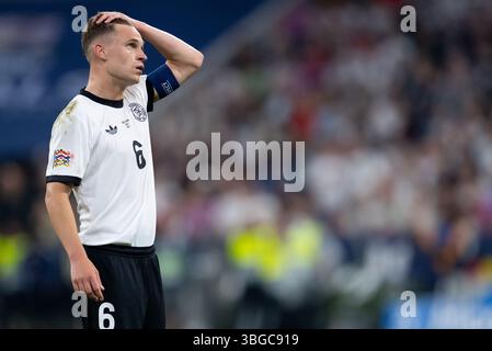 München, Deutschland. Juni 2025. Fußball: Nationalliga A, Deutschland - Portugal, Play-off-Runde, Halbfinale in der Münchner Fußballarena. Joshua Kimmich aus Deutschland in Aktion. Quelle: Sven Hoppe/dpa/Alamy Live News Stockfoto