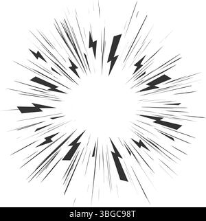 Comic-Geschwindigkeitslinien. Manga-radialer Burst-Effekt auf weißem Hintergrund. Vektor-Aktionsstrahlen mit Blitz. Explosionskraft mit Streifen von Glühen und Brüllen Stock Vektor