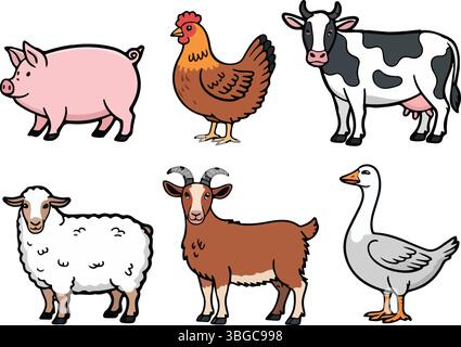 Clipart-Set Für Nutztiere – Cartoon-Schwein, Kuh, Huhn, Ziege, Schafe Und Gans Stock Vektor