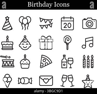 Geburtstagsfeier-Icons-Set – Party Elements Line Art Collection Stock Vektor