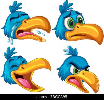 Bunte Vektor-Illustration eines Nashornvogels, der verschiedene Emotionen zeigt. Mit leuchtenden Farben und verspieltem Cartoon-Stil Stock Vektor