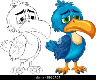 Vektor-Illustration eines Nashornvogels in leuchtenden Farben und monochrom, mit ausdrucksstarken Emotionen und detaillierten Features Stock Vektor