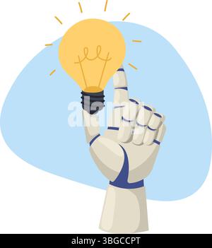 Roboterhand hält die Glühlampe. Künstliche Intelligenz bringt Ideen mit sich. KI-Technologie. Suche nach Innovationslösung. Roboterarm mit glühender Glühbirne Stock Vektor