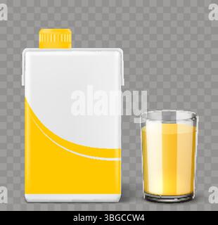 Realistischer 1-Liter-Orangensaftkarton und volles Glas. Faltschachtel. Geschlossenes Paket. Zitrusprodukt. TETRA-Packung für flüssigen Fruchtnektar. Flasche Stock Vektor