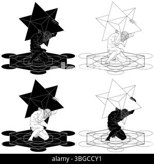 Titan Atlas mit Merkaba-Symbol auf seinen Schultern und mit Metatron, titan der griechischen Mythologie mit heiliger Geometrie Stock Vektor