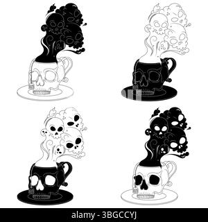 Porzellan-Teetasse in Form eines menschlichen Schädels, Kaffeetasse in Form eines Schädels und seiner Untertasse, dämonische Tasse mit giftigem Todesrauch Stock Vektor