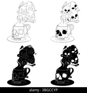 Porzellan-Teetasse in Form eines menschlichen Schädels, Kaffeetasse in Form eines Schädels und seiner Untertasse, dämonische Tasse mit giftigem Todesrauch Stock Vektor