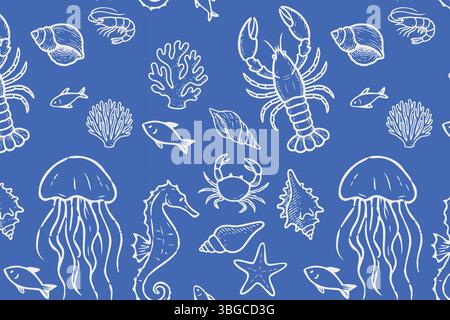 Nahtloses Meeresmotiv mit handgezeichneten Quallen, Krabben, Hummer, Seepferdchen, Korallen, und Fische in weiß auf einem leuchtend blauen Hintergrund. Perfekt für Stock Vektor